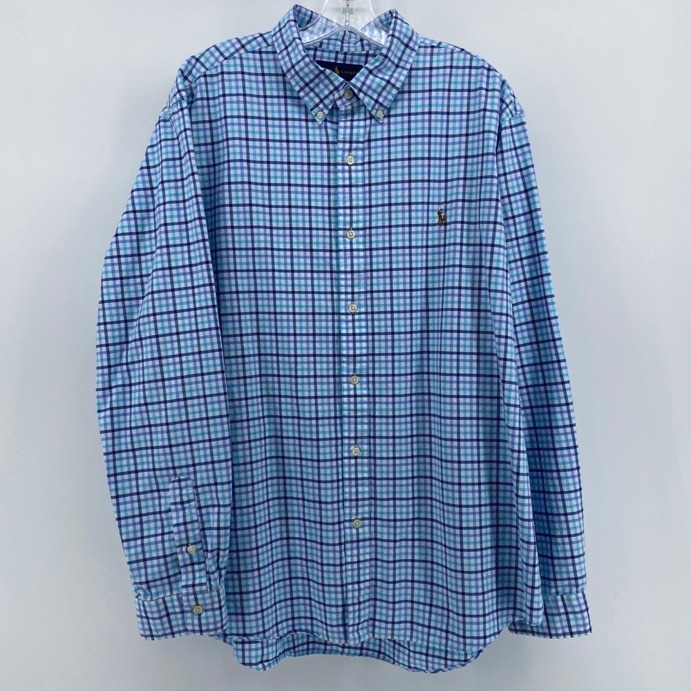 Polo Ralph Lauren Classic Fit Button Down Shirt Mens Big 2X XXL Blue Plaid Pony